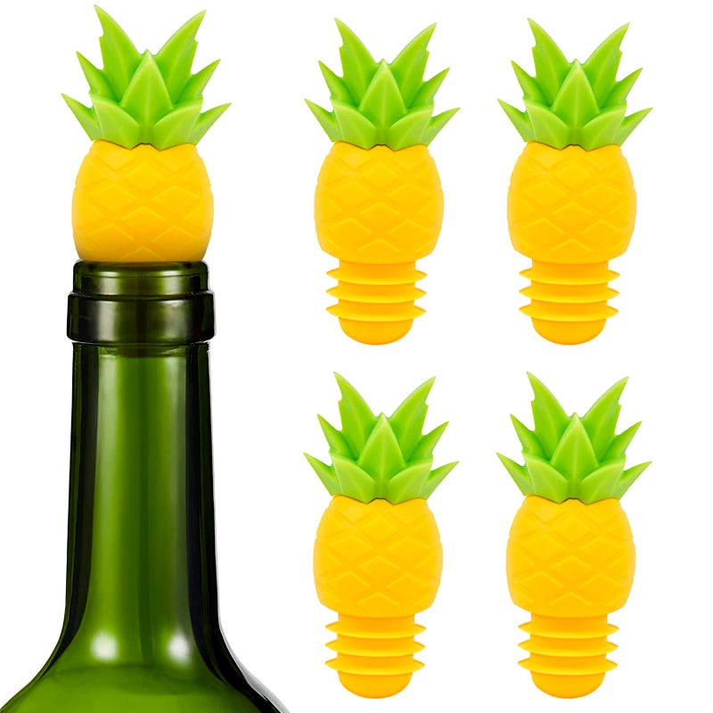 DIMROM 4 Pcs Reusable Pineapple Wine Stoppers - Flexible Silicone Funny Wine Stopper Funny Set for Bottled Drinks to Prevent Spilling, Bottle Stoppers for Glass Bottles with Tight Fixation & Pineapple Design - Image 1